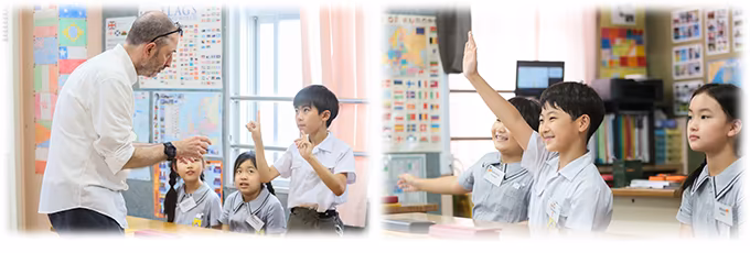 外国人講師の授業を受ける生徒の写真