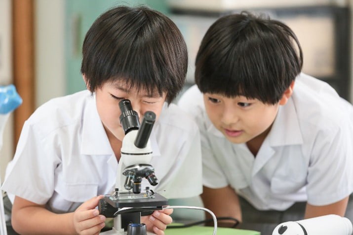 顕微鏡をのぞき込む男子生徒の写真